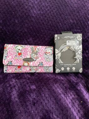 Ed Hardy Pink Tattoo-Print Clutch Wallet & 6FT Charging Cable NWT